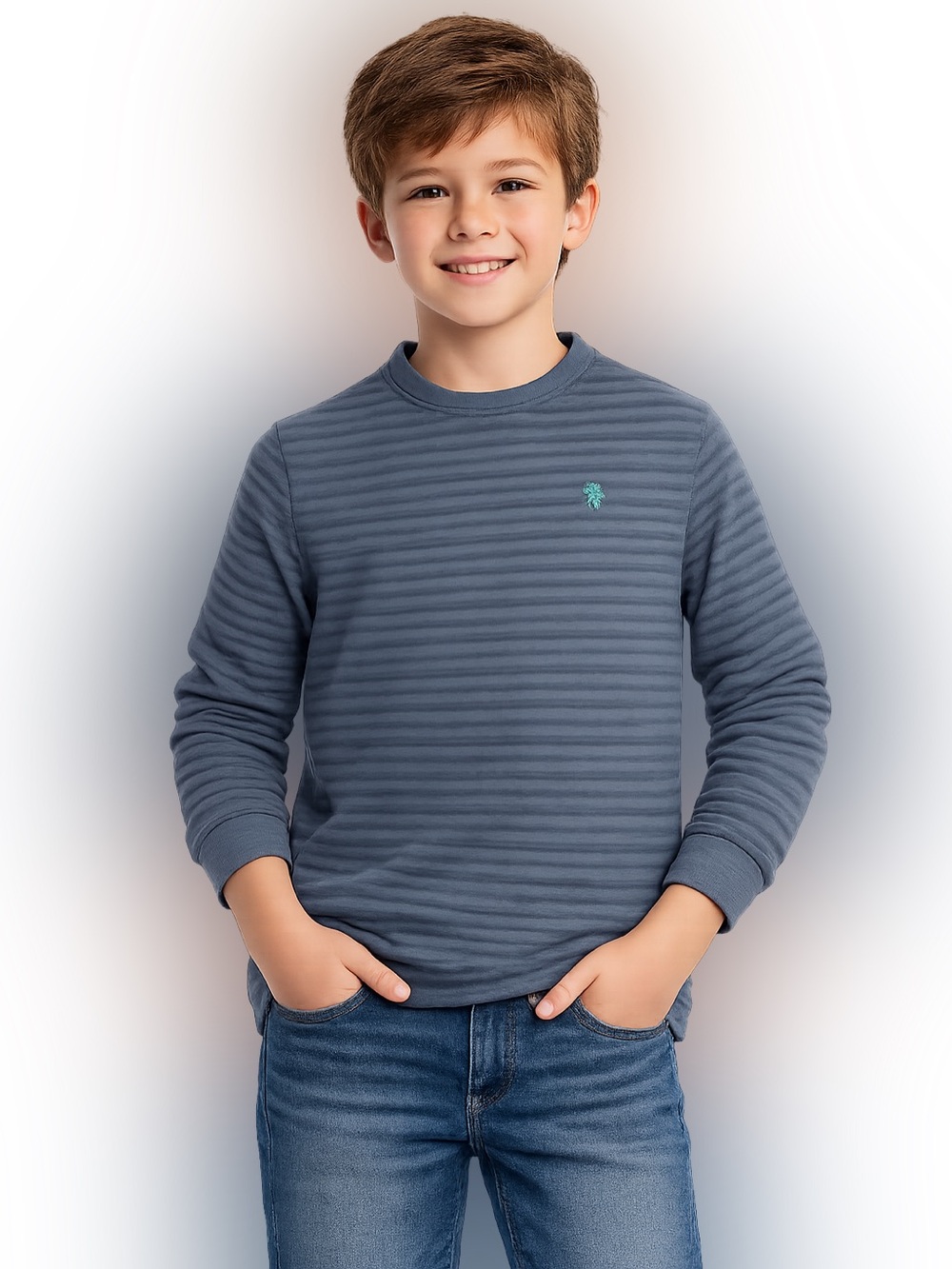 U.S. Polo Assn. Boys Blue Striped Textured Knit Long Sleeve Shirt Sz L 10 12